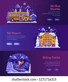 Winter ski resort horizontal banners with snow chalet, snowboard free riding and funicular service in flat gradient design. Winter holidays in mountains concept scenes for travel agencies website .