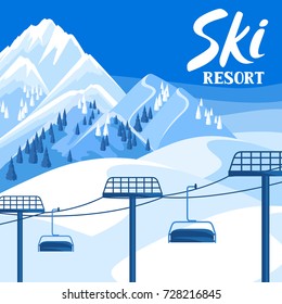 Winter ski resort illustration. Beautiful landscape with rope way, snowy mountains and fir forest.