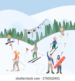 Winter ski resort landscape and people doing winter activities vector flat concept. Alps, fir trees, ski lift, mountains wide panoramic background. People skiing, snowboarding, skating.