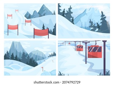 Winter ski resort landscape set. Ski and snowboarding paths with ski lift and red flags. Snowy hills and forest scenery. Beautiful nature in snow, december freezing weather. Flat vector illustration