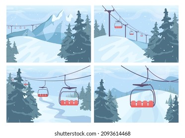 El paisaje de la estación de esquí de invierno. Senderos para esquiar y snowboard con remonte. Colinas nevadas y paisaje forestal. Hermosa naturaleza en la nieve, clima helado de diciembre. Ilustración vectorial plana