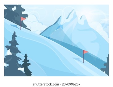 Winter ski resort landscape. Ski and snowboarding paths with ski lift. Snowy hills and forest scenery. Beautiful wild nature in snow, december freezing weather. Flat vector illustration