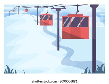 Winter ski resort landscape. Ski and snowboarding paths with ski lift. Snowy hills and forest scenery. Beautiful nature in snow, december freezing weather. Flat vector illustration