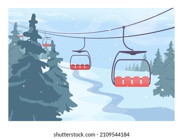 Winter ski resort landscape. Ski and snowboarding paths with ski lift. Snowy hills and forest scenery. Beautiful nature in snow, december freezing weather. Flat vector illustration