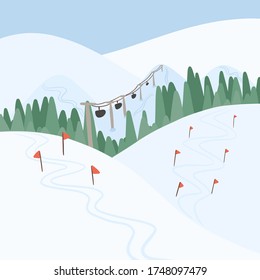 Winter ski resort landscape vector flat concept. Alps, fir trees, ski lift, mountains wide panoramic background. Mountaineering adventure.