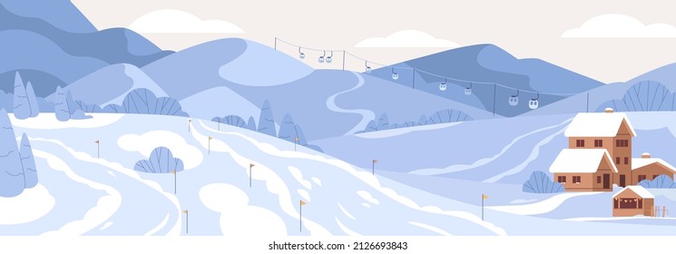 Winter ski resort with mountains in snow, cableway and village house. Alps landscape panorama with snowy slopes, hills, cablecars, chalet. Nature background, scenery. Colored flat vector illustration