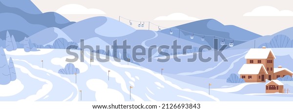 Winter ski resort with mountains in snow,\
cableway and village house. Alps landscape panorama with snowy\
slopes, hills, cablecars, chalet. Nature background, scenery.\
Colored flat vector\
illustration