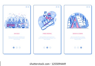 Winter ski resort onboarding mobile app page screens with snow chalet, snowboard free riding and ski bus service in line art design. Winter holidays in mountains vertical banners for applications.