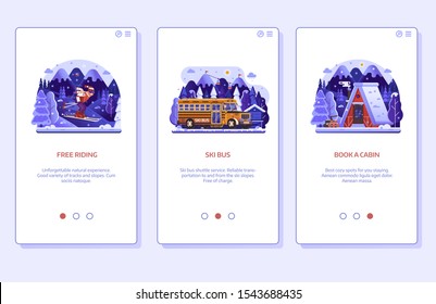 Winter ski resort onboarding mobile app page screens with snow chalet, skiing man riding and ski bus service in gradient flat design. Winter holidays in mountains vertical banners for applications.