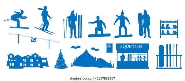 Winter ski resort people and touristic gears silhouettes set