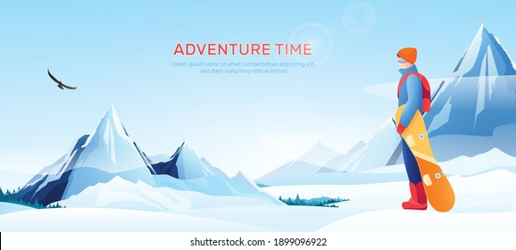 Winter ski resort poster with adventure time symbols flat vector illustration