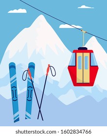 Winter ski resort poster with skiing equipment and red cableway car on snow mountain background - flat holiday sport card background - vector illustration