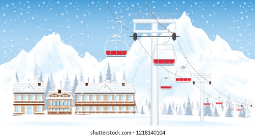 Winter ski resort with ski-lift moving above the ground against winter landscape with mountains and house in the snowy forest , vector illustration.