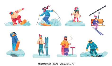 Winter ski resort vacation 8 cartoon compositions with snowboarder drinking hot chocolate chair lift downhill skiing vector illustration 