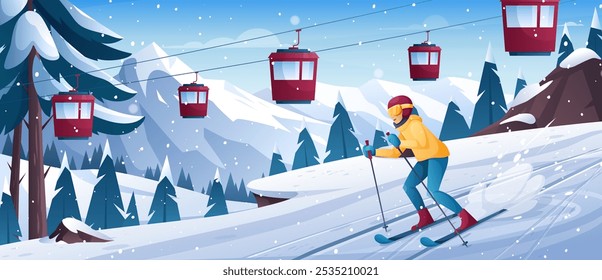 Winter ski resort. Vector illustration of mountain landscape with skiing woman or man, snowy hills, pines, ski track, funicular. Winter skiing and snowboarding sport. Not produced with AI software