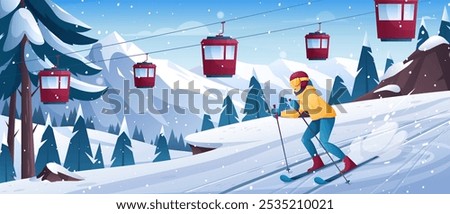 Winter ski resort. Vector illustration of mountain landscape with skiing woman or man, snowy hills, pines, ski track, funicular. Winter skiing and snowboarding sport. Not produced with AI software