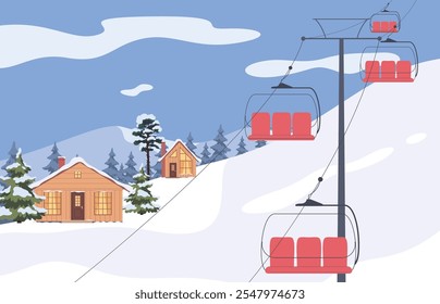 Estação de esqui de inverno. Casas quentes, elevadores de montanha, árvores cobertas de neve. Descanso de inverno. Ilustração vetorial