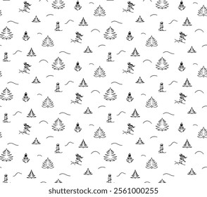 winter ski seamless pattern. Editable and repeatable vector illustrator file. pine tree, skiers, vacation in mountains
