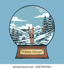 Memoria de la temporada de esquí de invierno capturada dentro de una esfera de vidrio