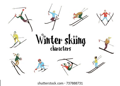 Winter ski sport activity. Skiing people isolated on a white background