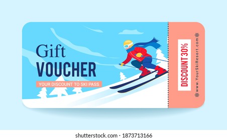Winter Ski Trip Gift Voucher template vector illustration. Ski promotion sale voucher card, winter sport ticket