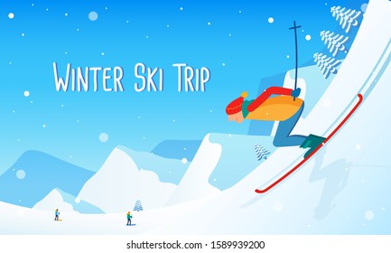 Winter Ski trip invitation vector illustration.  Skier sliding down on snow mountain hill.