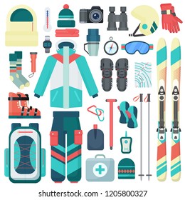 Winter skiing equipment vector icons set. Travel sport mountain activity equipment isolated.