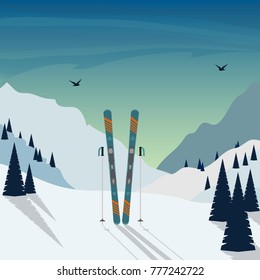 Winter Skiing holiday in mountains. Snowy mountain landscape with skis and ski poles standing in snow in the foreground. Vector illustration