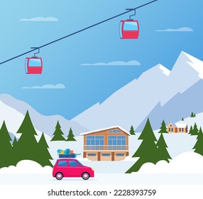 Winter Skiing holiday trip to mountains. Cute small car with ski and snowboard, backpack and suitcase on the roof. Vector illustration