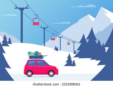 Winter Skiing holiday trip to mountains. Cute small car with ski and snowboard, backpack and suitcase on the roof. Vector illustration