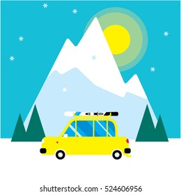 Winter Skiing holiday trip to mountains. Cute small car with the ski on the roof. Vector illustration.