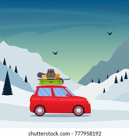 Winter Skiing holiday trip to mountains. Cute small car with ski and snowboard, backpack and suitcase on the roof. Vector illustration