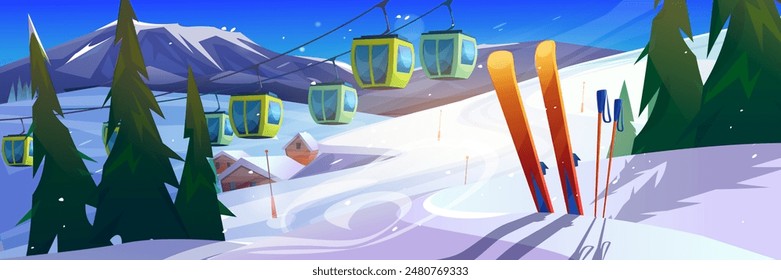 Paisaje de estación de esquí de invierno con montañas cubiertas de nieve blanca, abetos verdes, chalet de madera, skyride con góndola y equipo de esquí. Escenario de Vector de dibujos animados de la estación de actividades deportivas de esquí