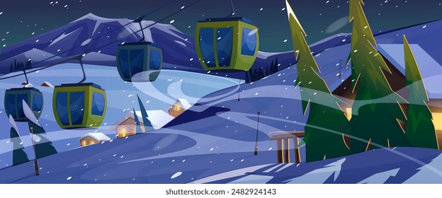 Winter skiing resort landscape at night. Dark dusk mountains covered with snow, fir trees, wooden chalet with light in windows, skyride funicular under snowfall. Cartoon vector cold season vacation.