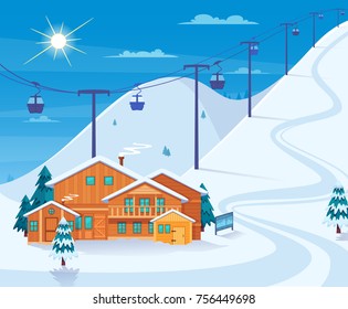 Winter Skiing Resort With Snow Hotel And Ski Lifts Flat Vector Illustration