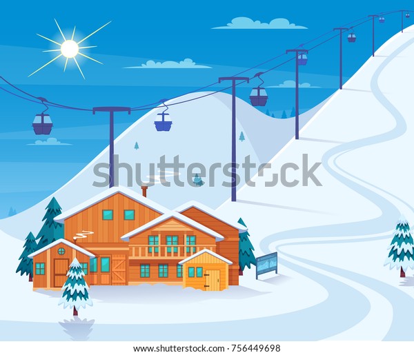 冬のスキー場とスノーホテル スキーリフトの平型ベクターイラスト のベクター画像素材 ロイヤリティフリー