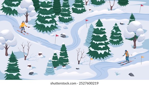 Escena de esquí de invierno en paisaje cubierto de nieve con árboles y caminos. Ilustración vectorial