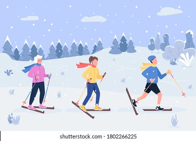 Winter skiing semi flat vector illustration. Grandma spend quality time with children. Kids play in snowfall meadow. Grandparent and grandchildren 2D cartoon characters for commercial use