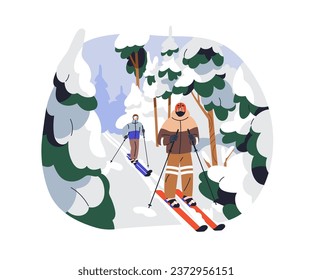 Winter skiing. Skiers couple, friends in forest, snow trees on vacation. People outdoors during sports activity in nature in cold weather. Flat vector illustration isolated on white background