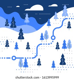 Winter Skiing Slope Map, Snow Forest, Trail Walking, Running Or Cycling Path, Orienteering Game, White Landscape With Hills And Trees, Vector Flat Design Illustration