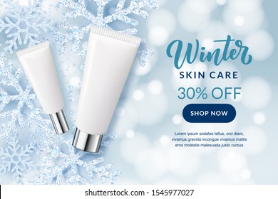 Winter Skincare Cosmetics. Vector Realistic 3d Illustration Of Moisturizer Cream Package On Snowflakes Background. Beauty Store Sale Banner, Poster Design Template. White Tube Of Lotion, Serum Mockup