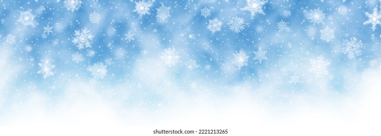 Winter sky, blizzard and snowfall, snowflakes, panoramic view
