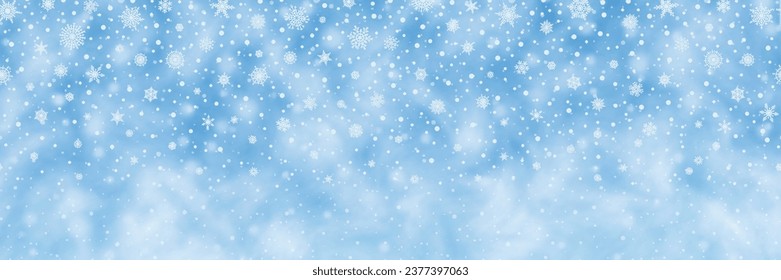 Winter sky, blizzard and snowfall, snowflakes, panoramic view