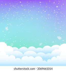Winter sky clouds Christmas template and snowfall. Holiday cartoon background snow falling on cloud. Seasonal decoration ornament