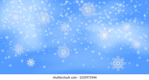 Winter  sky falling on light background. Falling Christmas Shining white transparent beautiful snow. Winter decoration element. Snowflakes, snowfall.