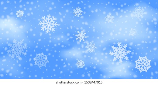 Winter  sky falling on light background. Falling Christmas Shining white transparent beautiful snow. Winter xmas decoration illustration. Snowflakes, snowfall.