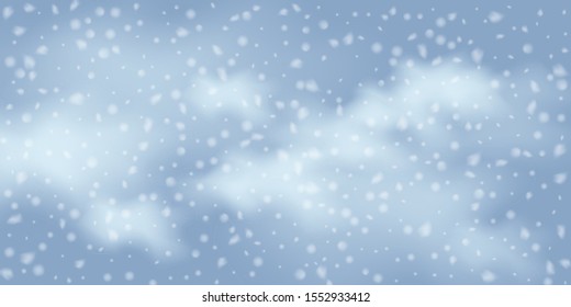Winter  sky falling on light background. Falling Christmas Shining white transparent beautiful snow. Winter decoration element. Snowflakes, snowfall.
