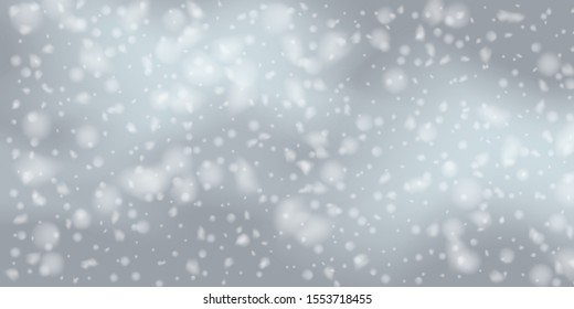 Winter  sky falling on light background. Falling Christmas Shining white transparent beautiful snow. Winter xmas decoration illustration. Snowflakes, snowfall.