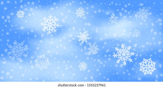 Winter  sky falling on light background. Falling Christmas Shining white transparent beautiful snow. Winter decoration element. Snowflakes, snowfall.