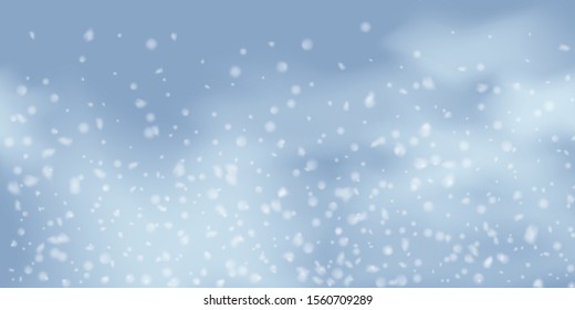 Winter  sky falling on light background. Falling Christmas Shining white transparent beautiful snow. Winter decoration element. Snowflakes, snowfall.